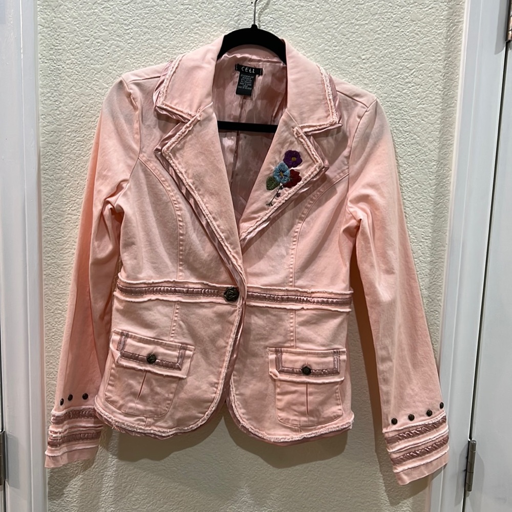 “Cell” Peach Blazer with Floral Embroidery and Buttons is Exquisite